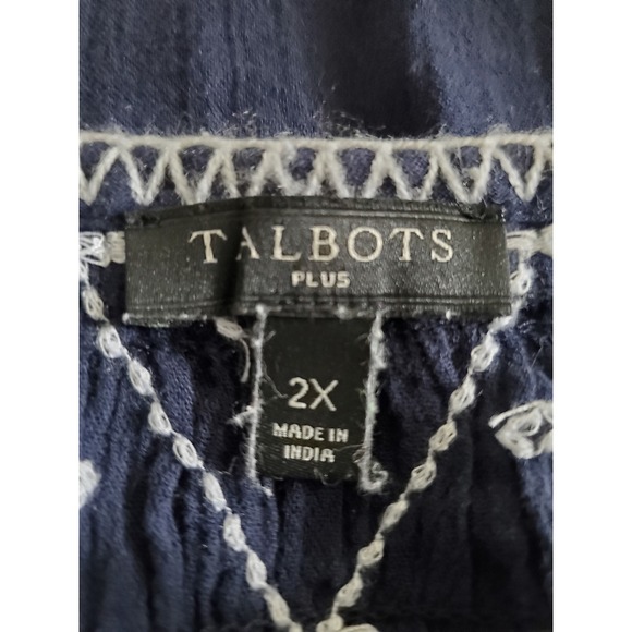 Talbots Plus Navy Blue Embroidered Cotton Boho Tunic Top Size 2X Crinkle gauze - Picture 3 of 8